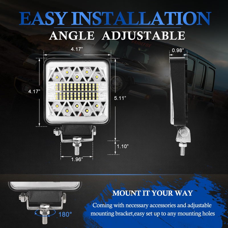 BUNKER INDUST 4 Inch LED Light Pods,2 Pcs Square Tractor Work Light Spot Flood Driving Small Light Bar Waterproof for Truck Equipment Vehicle Pickup UTV ATV Golf Cart - Image 3